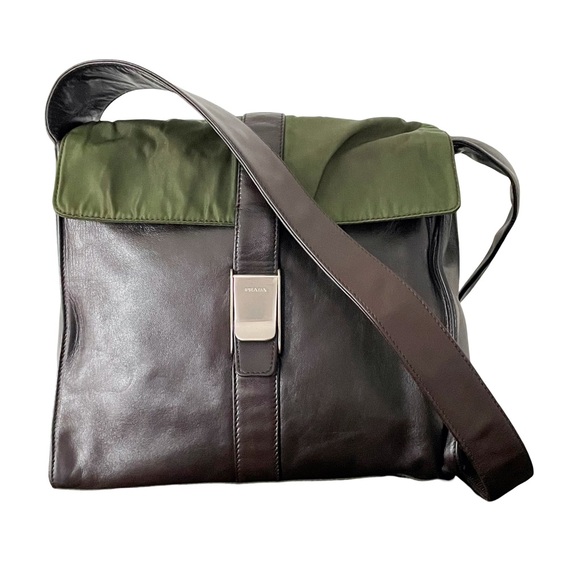 Prada Handbags - ❤️SOLD❤️Prada rare 90s brown nappa leather green Tessuto nylon shoulder bag